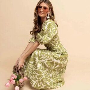 Rachel Parcell Palm Leaf Scoop Neck Puff Sleeve Midi Dress w/Belt